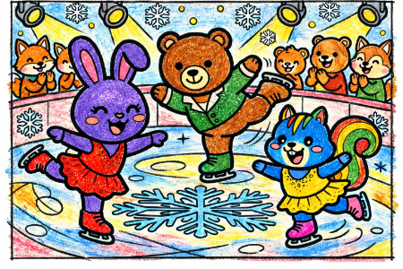 フィギュアスケートの塗り絵見本。紫のウサギや青いリスなど、少しファンタジックでカラフルなアレンジ