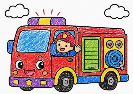 消防車の塗り絵見本。紫や緑を使ってカラフルに塗ったバージョン