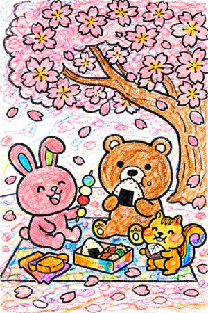 お花見塗り絵の見本。背景に青空を描き、爽やかで元気な配色