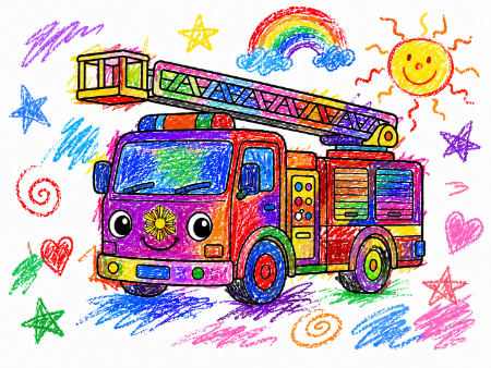 はしご消防車（しょうぼうしゃ）の子供向け塗り絵見本。カラフルな虹色アレンジと太陽