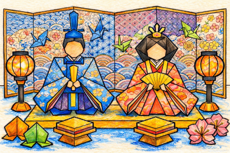 ひな人形の塗り絵見本。濃い色を重ねて折り紙の立体感や屏風の柄をくっきりとさせたパターン