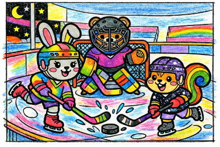 アイスホッケーの塗り絵見本。夜のリンクで虹色のユニフォームを着たファンタジックなアレンジ