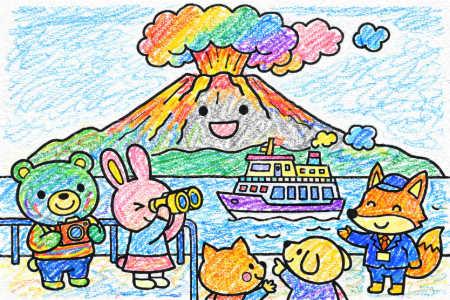 桜島の塗り絵見本。オレンジやピンクを使った夕暮れ時の温かい配色