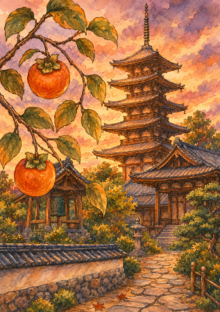 水彩画風の塗り絵見本。夕焼け空と柿、五重塔がノスタルジックな風景