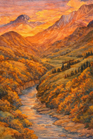 川瀬巴水・甲州梁川の塗り絵見本。夕焼け空と紅葉した山々を描いた秋のアレンジ