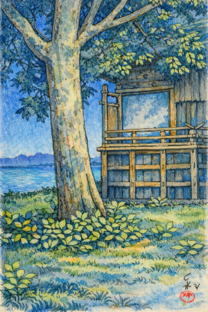 川瀬巴水・秋田八郎潟の塗り絵見本。青空と緑が映える明るい昼下がりの風景風