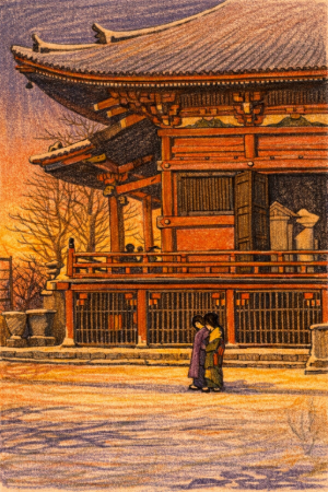 川瀬巴水・浅草観音の雪晴の塗り絵見本。夕焼けのオレンジ色で染めたアレンジバージョン