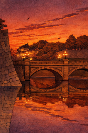 川瀬巴水・二重橋の朝の塗り絵見本。夕暮れ時のノスタルジックな雰囲気に大胆アレンジ