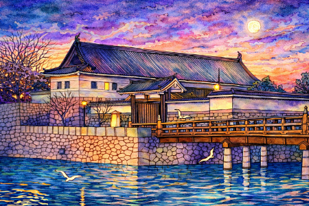 川瀬巴水・平河門の塗り絵見本。満月が輝く幻想的な夜景に大胆アレンジ