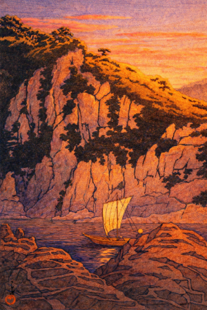 川瀬巴水・木曽川蓬莱岩の塗り絵見本。夕焼けのオレンジ色で染めたアレンジバージョン