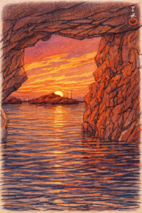 川瀬巴水・男鹿半島の塗り絵見本。夕日で赤く染まる空と海を表現したアレンジ