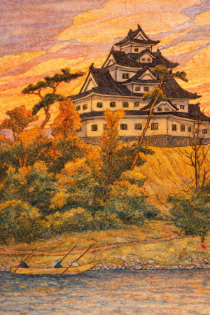 川瀬巴水・岡山城の塗り絵見本。夕暮れ時の空と川面に映る影を描いたアレンジ