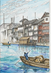 川瀬巴水の道頓堀の朝の塗り絵を、水彩色鉛筆で塗った見本