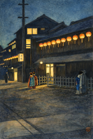 川瀬巴水・大坂宗右衛門町乃夕の塗り絵見本。淡い色使いで夕暮れの儚さを表現した水彩風