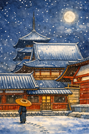 川瀬巴水・大坂 天王寺の塗り絵見本。深い青空と満月を描き足した夜景アレンジ