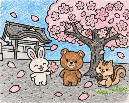 京都御所のお花見塗り絵見本。背景を抑えめにして動物たちを際立たせた例