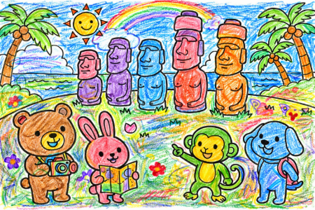 宮崎モアイ像の塗り絵見本。オレンジや紫のグラデーションで表現した夕暮れ時の風景