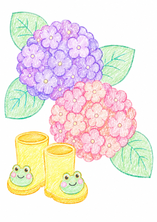 アジサイと長ぐつの塗り絵見本（パステルカラー）