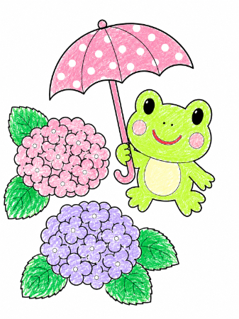 カエルとあじさいの塗り絵見本（水玉模様の傘）