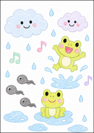 カエルと水たまりの塗り絵見本（パステルカラー）