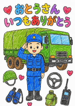 自衛官の父の日塗り絵見本。パステル調の優しい色鉛筆タッチのサンプル