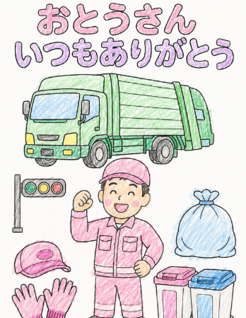 清掃作業員の父の日塗り絵見本。青い作業着と緑のゴミ収集車の元気なサンプル