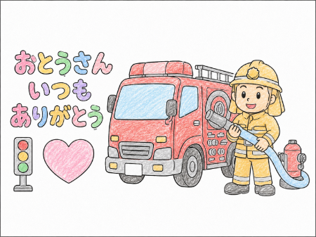 消防士の父の日塗り絵見本。パステル調の優しい色鉛筆タッチのサンプル