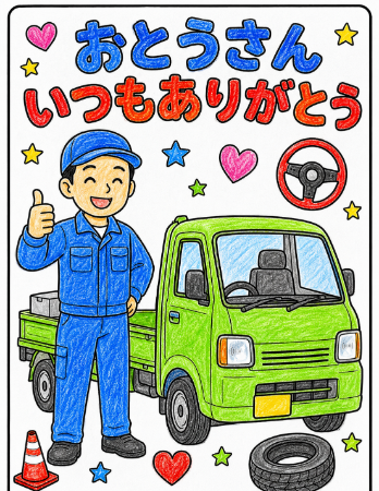 軽トラ運転手の父の日塗り絵見本。鮮やかな緑色の軽トラックとはっきりした色合いの元気なサンプル