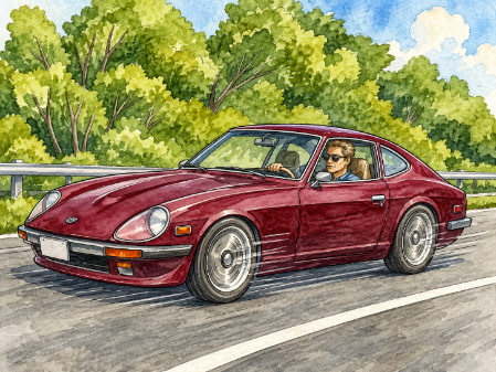 ボディの美しい艶を見事に塗った、走り抜けるワインレッドの車