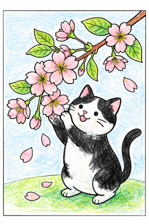 桜とネコの塗り絵見本。ハチワレ模様のネコと青空の作例
