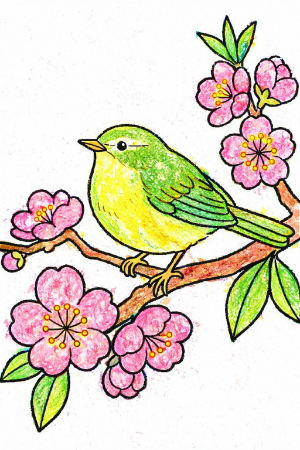 桜とウグイスの塗り絵見本。ふんわりと優しいタッチの作例