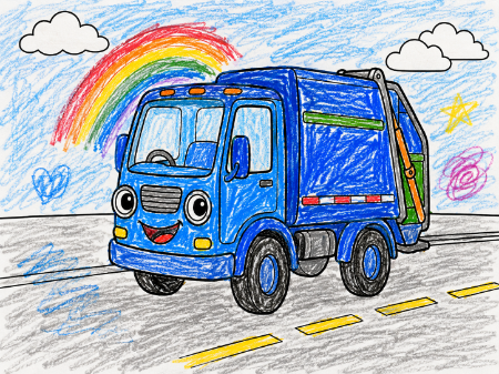 清掃車（ごみ収集車）の子供向け塗り絵見本。青色の車体と大きな虹