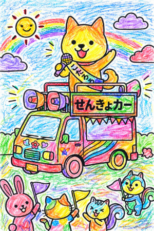 動物の選挙カー塗り絵見本。夕焼けに染まる空と熱意あふれる演説の様子