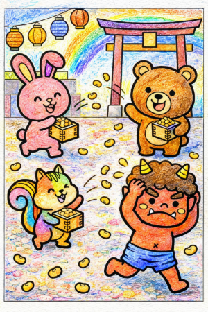 節分豆まき塗り絵の見本。ピンクや水色を使った優しくメルヘンな雰囲気に