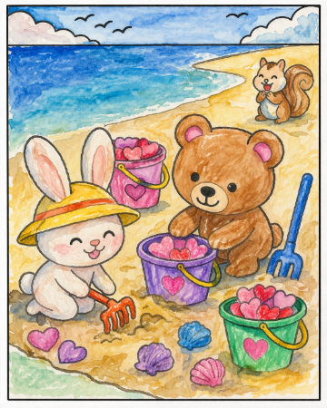 潮干狩りの塗り絵見本。水彩絵の具で優しく塗った透明感のある配色