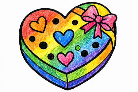 ハートチョコの塗り絵見本。ピンクの箱にカラフルなチョコを入れたポップで可愛いアレンジ