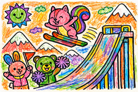 スキージャンプの塗り絵見本。夕焼けの空を飛ぶ、少し大人っぽくて幻想的なアレンジ