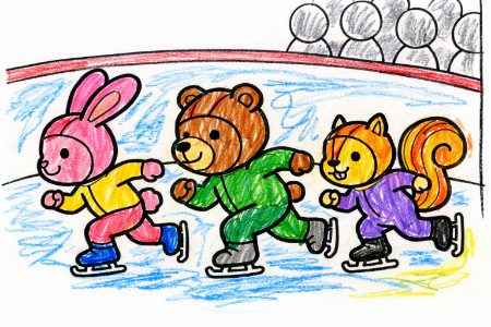 スピードスケートの塗り絵見本。背景にオーロラを描いた幻想的でクールなアレンジ