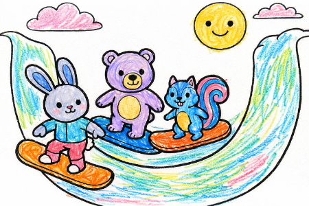 スノーボードの塗り絵見本。オレンジ色の夕焼け空と影のある雪山を描いた雰囲気のあるアレンジ