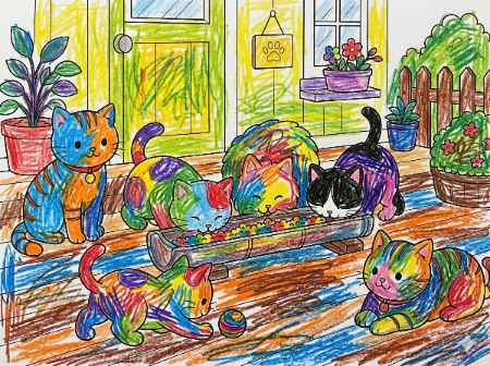 田代島の猫塗り絵見本。柔らかな色使いで午後の光を表現した水彩風の仕上げ