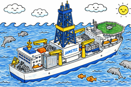 地球深部探査船の塗り絵見本。実在の科学船をイメージした白と青のボディカラーでリアルに表現