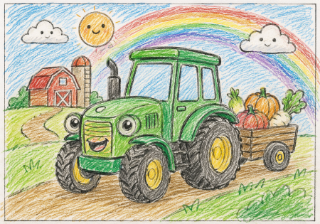 トラクターの塗り絵見本。緑の車体に虹を背景にしたバージョン