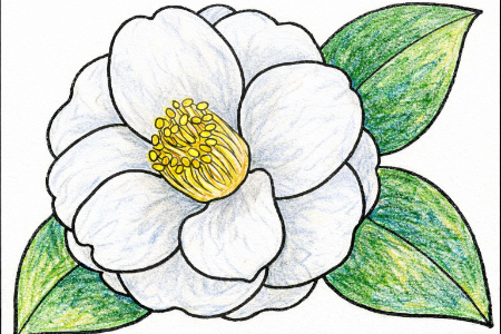 寒椿の塗り絵見本。淡いピンク色で塗った、春を待つような優しい雰囲気のアレンジ