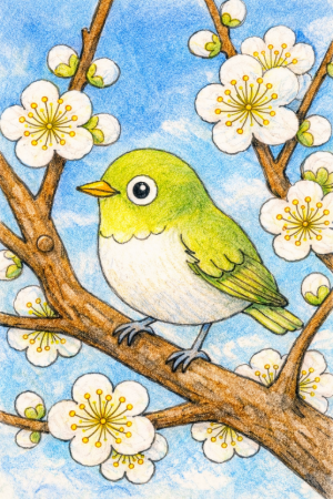 ウメジローの塗り絵見本。鮮やかな黄緑色のメジロとピンク色の梅の花