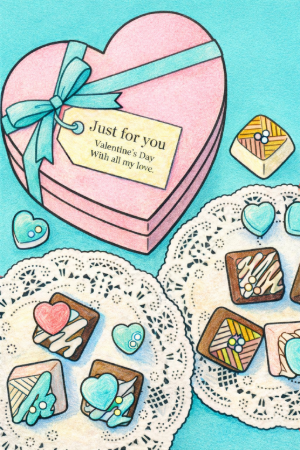 バレンタインのチョコレート塗り絵見本。水色の背景に青いリボンを合わせた、爽やかなチョコミント風の配色