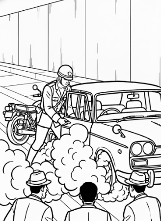 三億円事件の犯行現場を描いた大人の塗り絵。白バイと煙と現金輸送車の線画イラスト