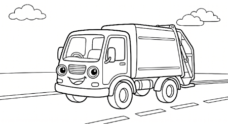 にっこり笑顔の清掃車（ごみ収集車・パッカー車）が走っている子供向け塗り絵