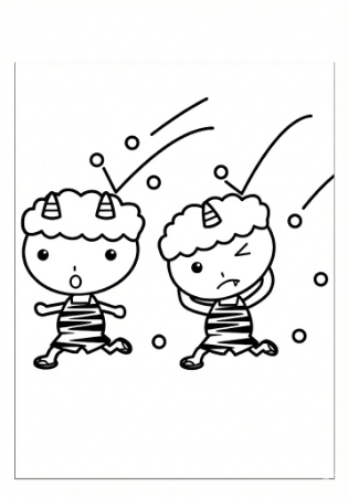 節分の無料塗り絵。豆まきで逃げるかわいい赤鬼と青鬼の線画イラスト