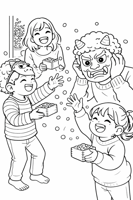 節分の豆まきをする家族の塗り絵。パパ鬼と笑顔で豆をまく子供たちのイラスト