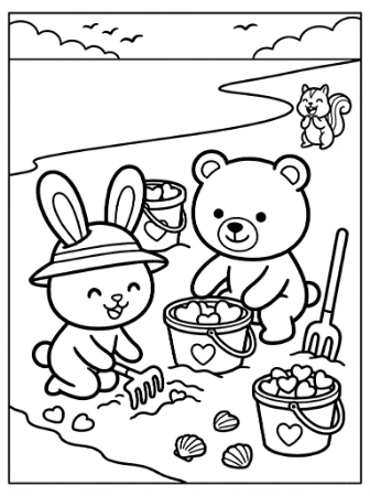 楽しい潮干狩りの塗り絵。うさぎとくまが砂浜で貝拾いをしている子供向け無料イラスト